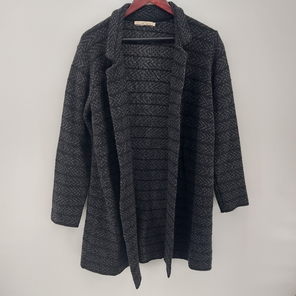 Chiaramente wool patterned Long open front cardigan blazer Size Large Black Gray